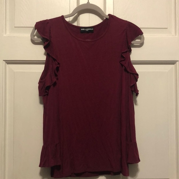 Karl Lagerfield Burgundy Cold-Shoulder Top Ruffles S - Picture 1 of 6